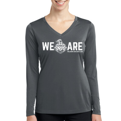 Soccer Ladies Drifit Long Sleeve V-Neck - "We Are" in White Thumbnail